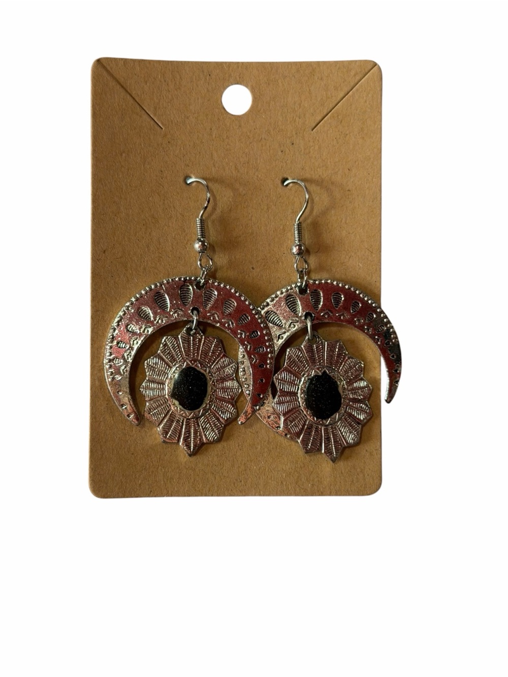 Silver Sunflower Crescent Drop Earrings - Women Jewelry